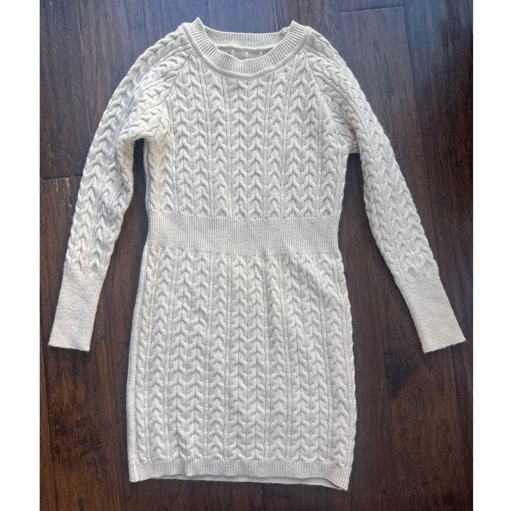 Cable Knit Sweater Dress Women Large Cream Beige Long Sleeve Mini Ribbed